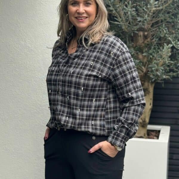 Zwart witte geruite blouse met strass