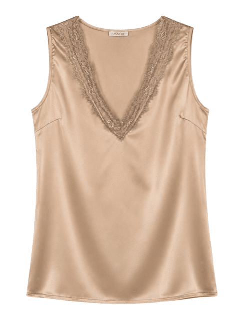 Hemdje stretch glanzend met kant Camel